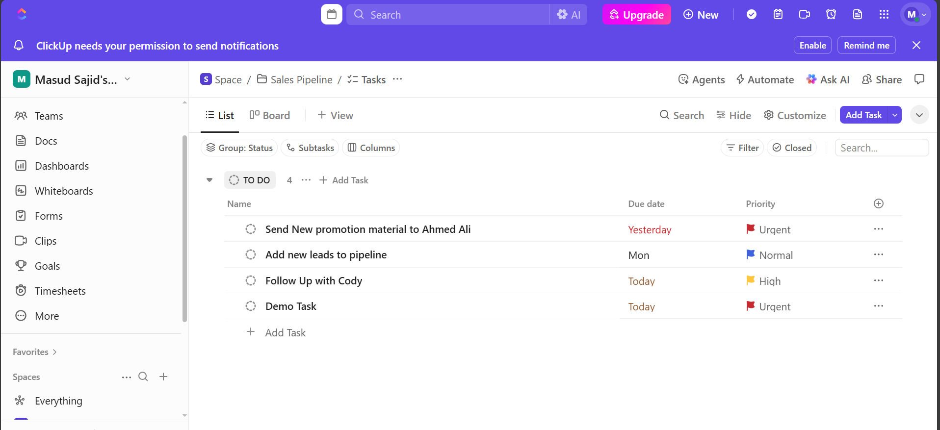 ClickUp, daily task completion data fetch