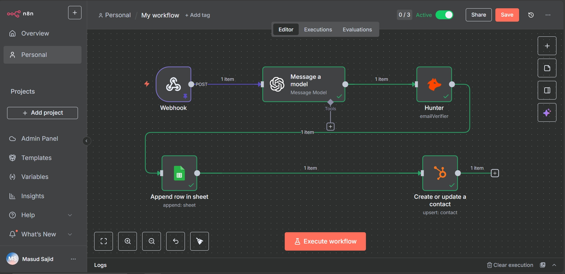 Full n8n workflow, end-to-end pipeline