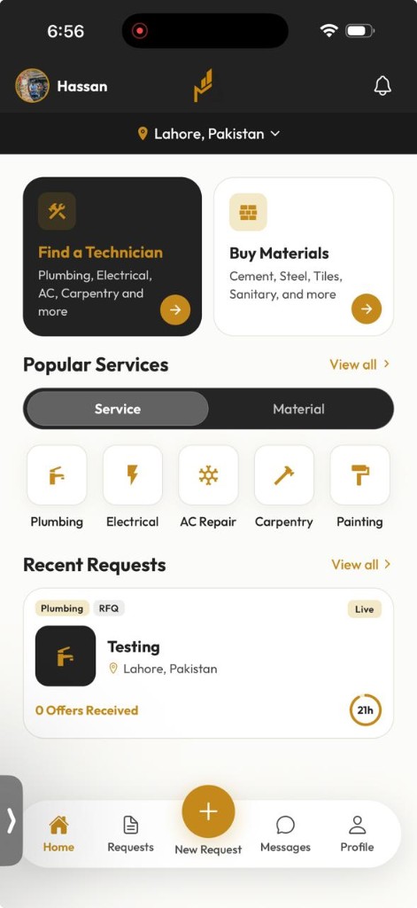 Mazad Al Bina, English home — technicians, materials, and requests