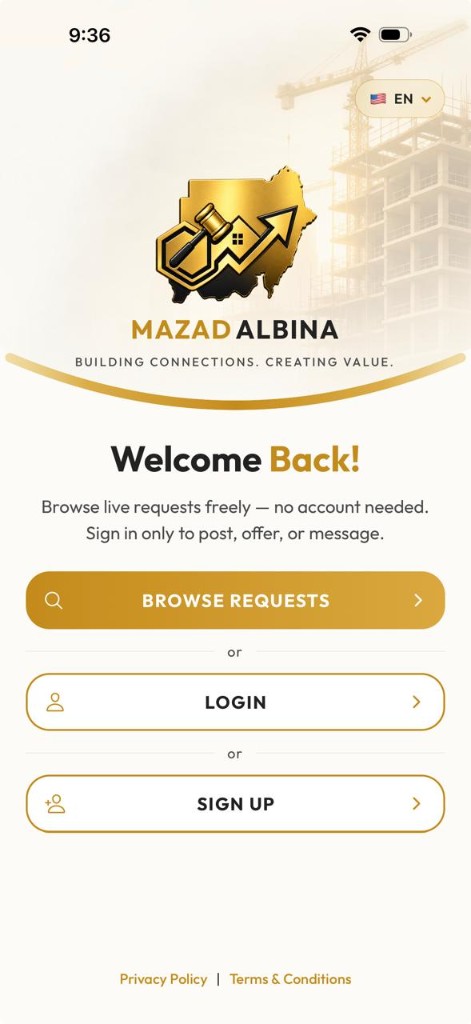Mazad Al Bina, welcome — browse, login, and sign up