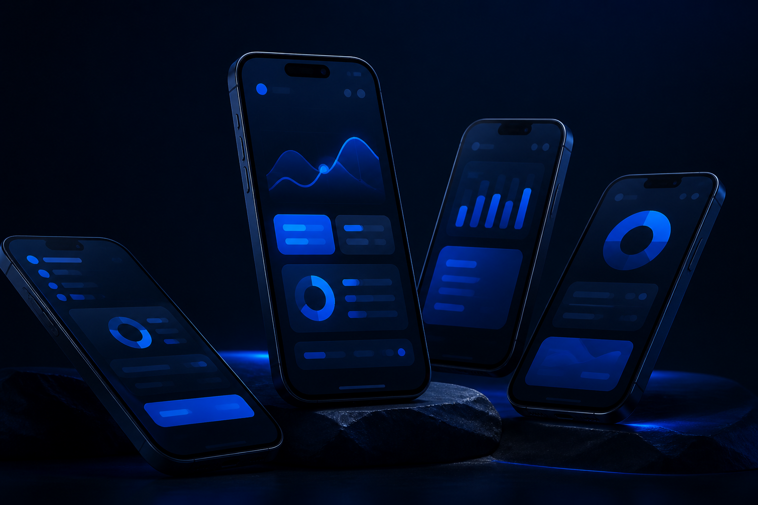 Smartphone product interfaces on a dark studio background