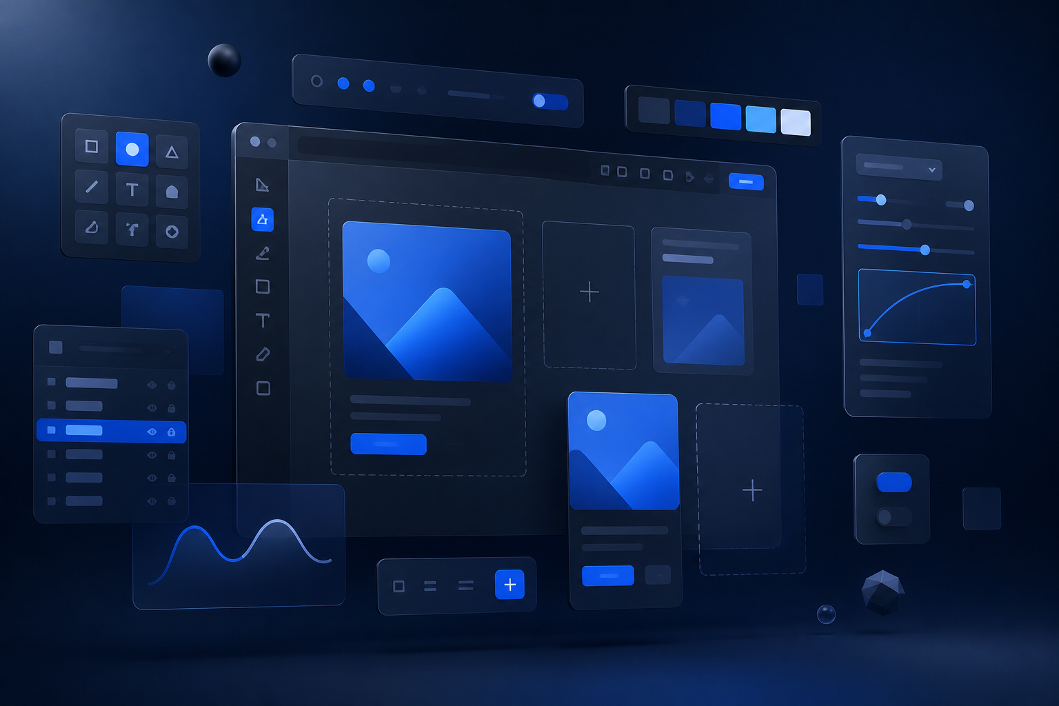 Interface cards and design system components in a studio composition