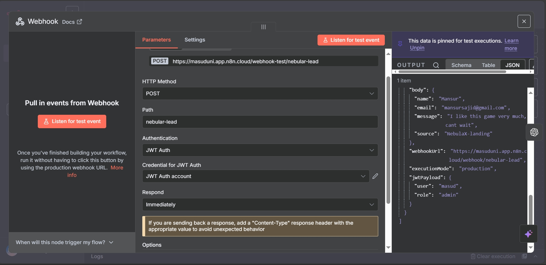 JWT-secured webhook, lead ingestion