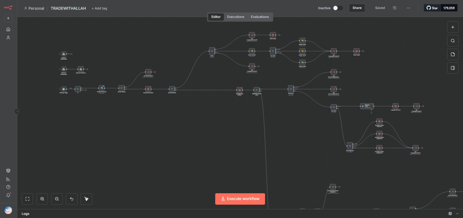 Main n8n workflow, WhatsApp message orchestration